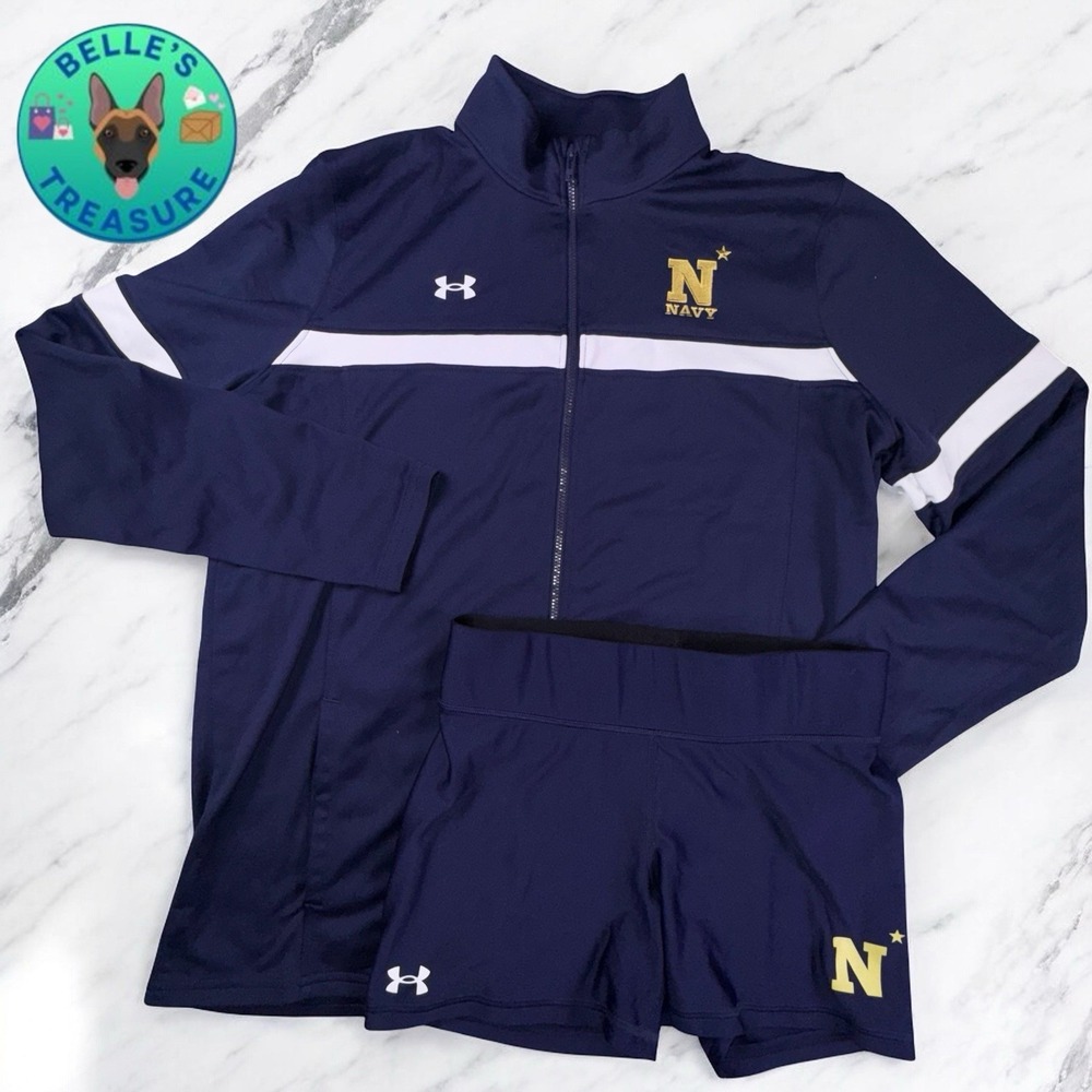 Under Armour Tracksuit Set Womens Large US Navy Full Zip‎ Jacket & Medium Shorts